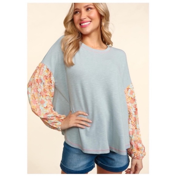 Sugar Fox Tops - 💝Boutique~💐Floral Sleeve French Terry Top💖